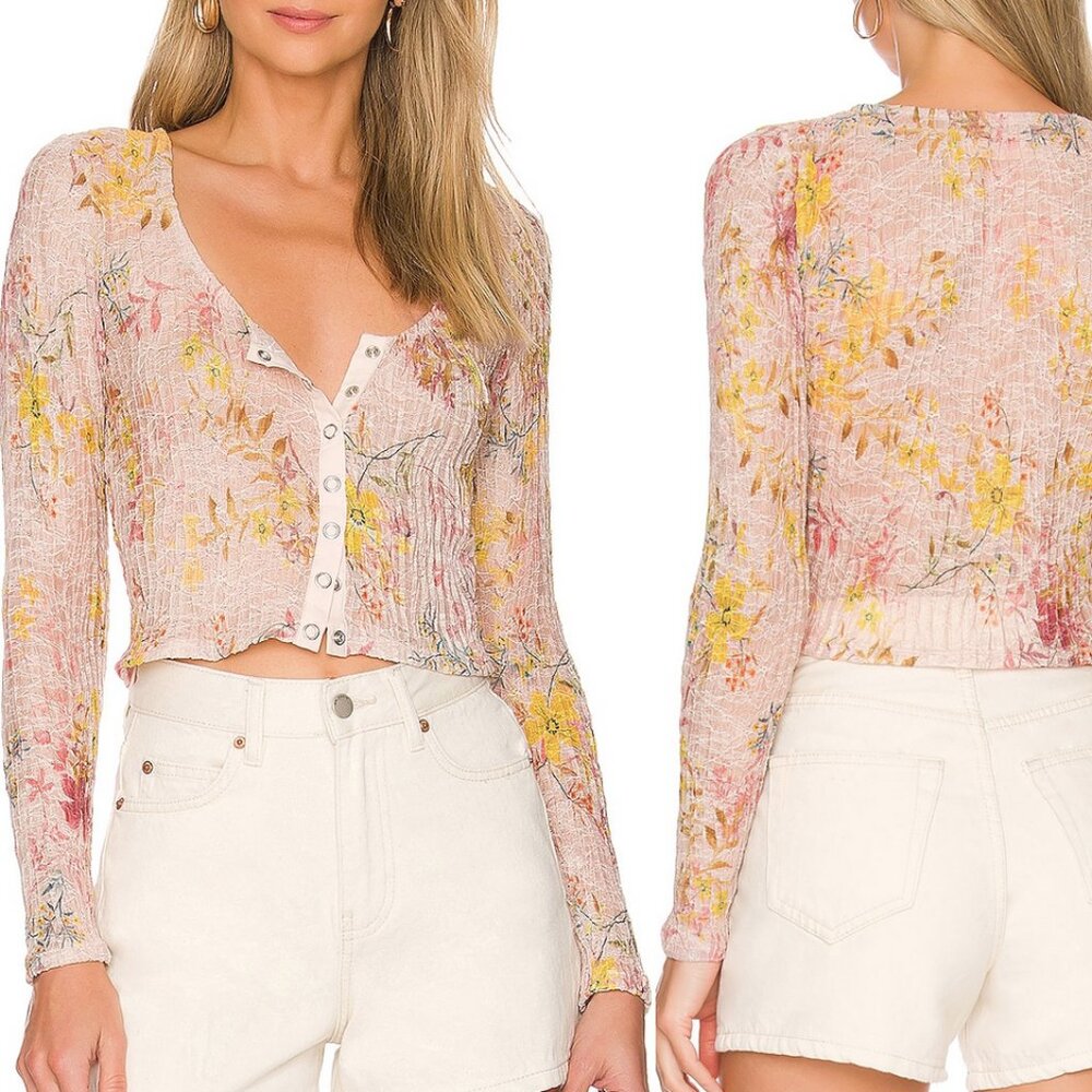 Free People Angelina Semi-Sheer Floral Top Scoop Neck Long Sleeve Shirt